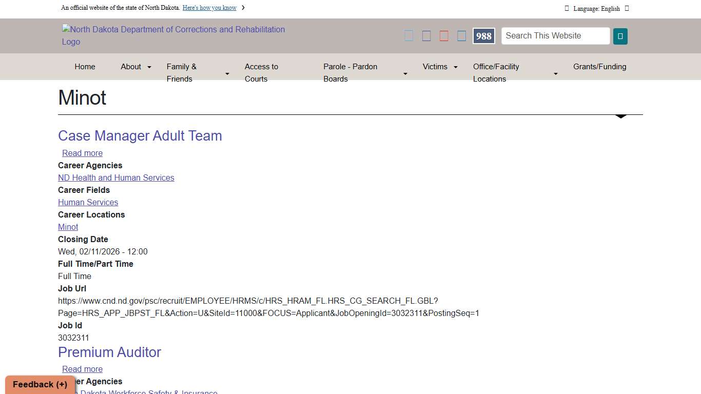 Minot North Dakota Department of Corrections and Rehabilitation