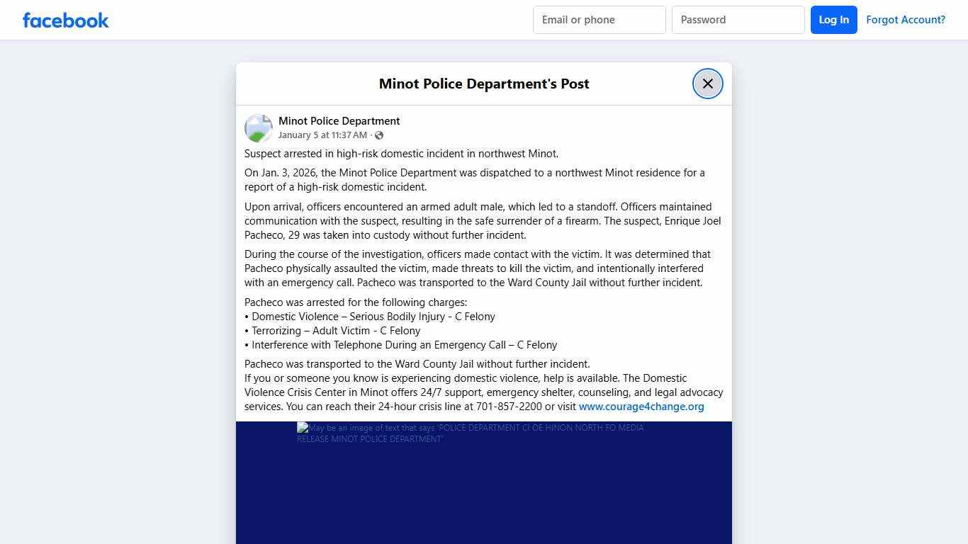 Suspect arrested in high-risk... - Minot Police Department Facebook